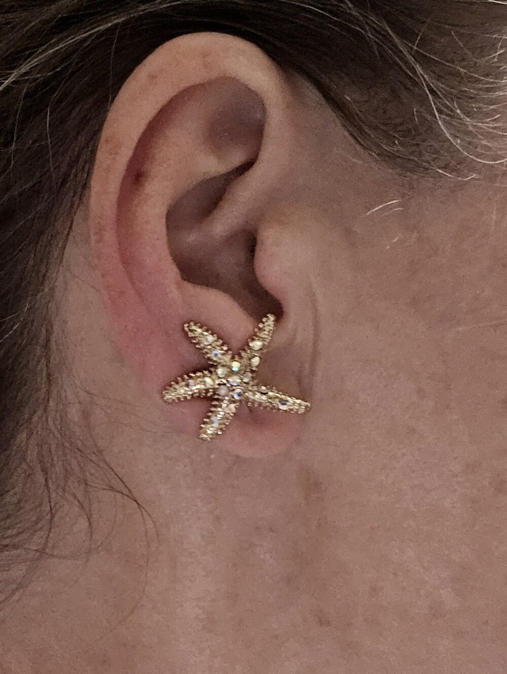 Gold Starfish Crystal Stud Post-back Earrings  With AB Rhinestone Crystals